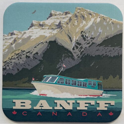Vintage travel poster of Banff, Canada with a scenic mountain and boat.