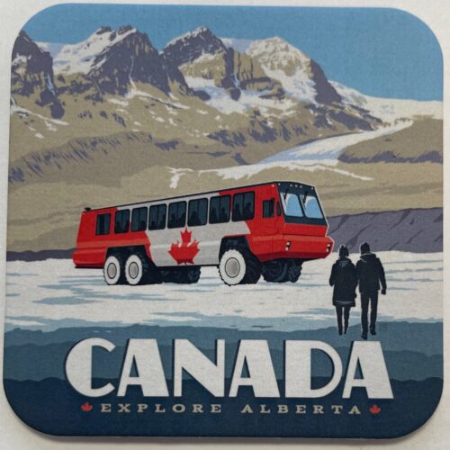 Vintage Canadian bus with Mount Columbia in the background.