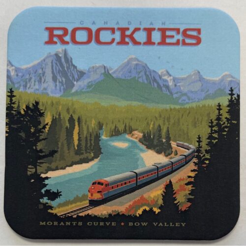 Vintage Rockies travel poster with train and mountains.