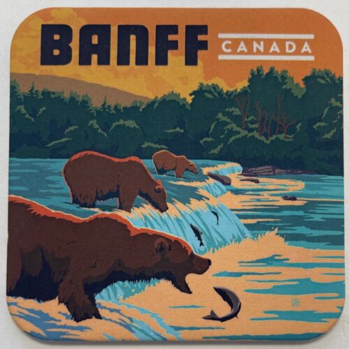 Vintage Banff, Canada coaster featuring bears fishing in a river.