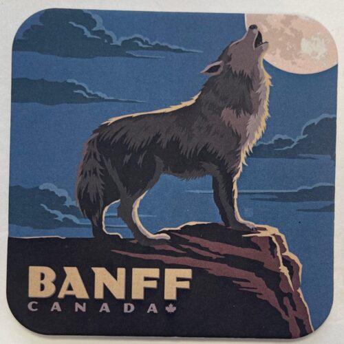 A stylized illustration of a wolf howling at the moon in Banff, Canada.