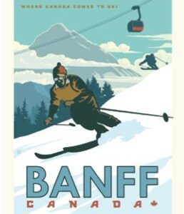 Illustration of a skier descending snowy Banff slopes with mountains and gondola in background.