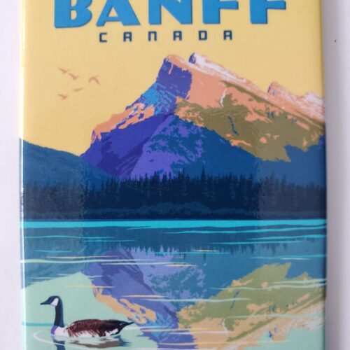 A scenic Banff poster featuring a mountain, lake, and a duck.