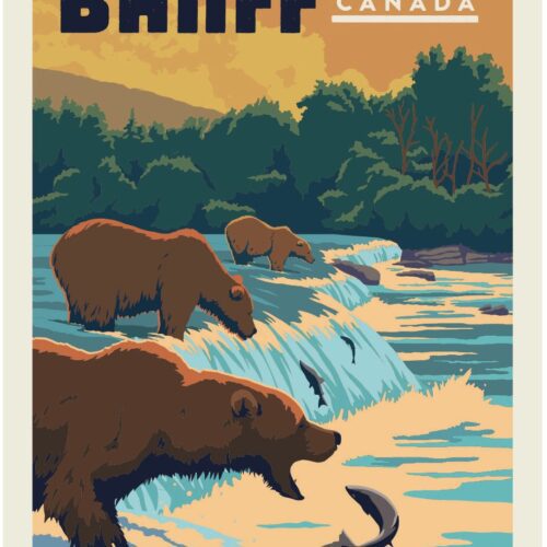 Vintage-style poster of bears fishing at Banff, Canada.