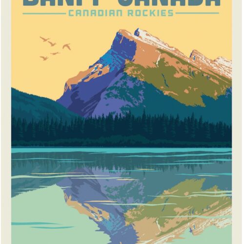 Vintage-style poster of Banff Canada with mountain and lake reflection.