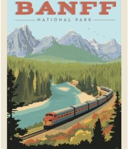 Vintage poster of a train traveling through Banff National Park with mountains and forest.