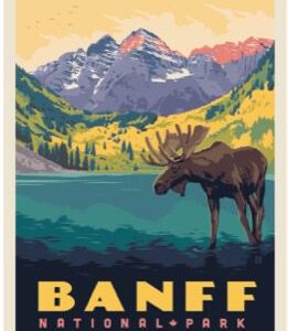 Vintage-style poster of Banff with a moose and mountain landscape.