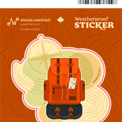 Weatherproof sticker featuring an orange backpack with a compass design.