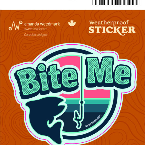 Retro-style sticker with a bear and fishing hook saying 'Bite Me'.