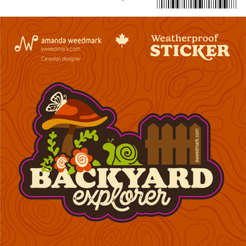 Colorful backyard explorer sticker with nature and camping elements.