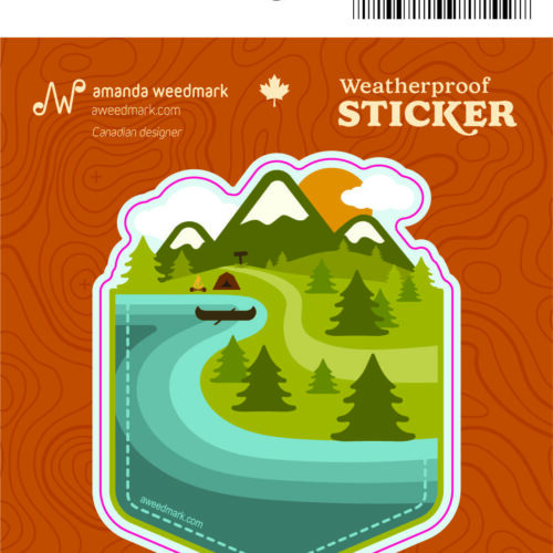 Weatherproof sticker featuring a scenic river and mountain landscape design.