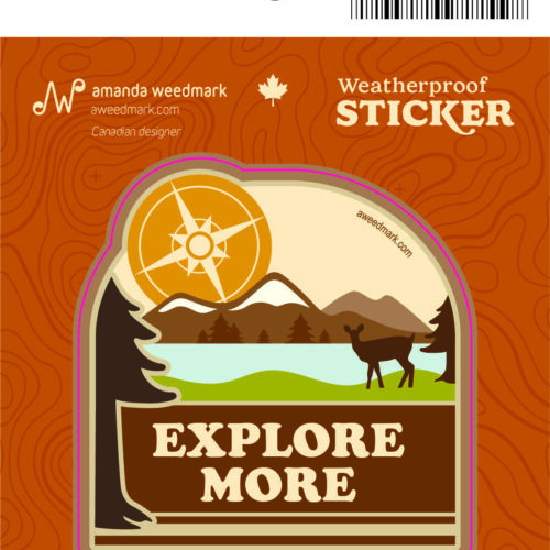 A vintage-style sticker featuring a ship's wheel and mountains with the phrase 'Explore More.'