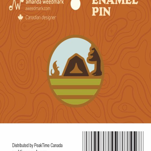 Illustrated enamel pin featuring a camping scene with a tent and bear.