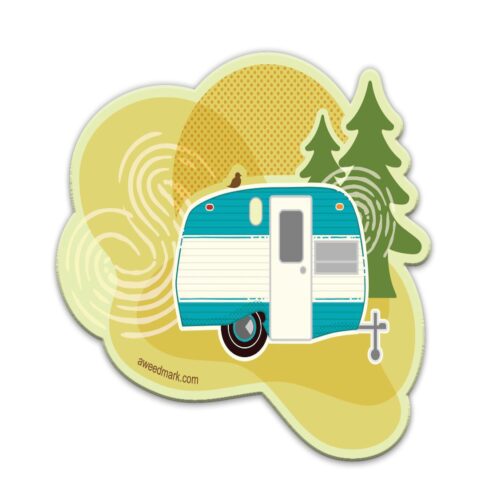 Vintage camper trailer illustration with pine trees and wood rings.
