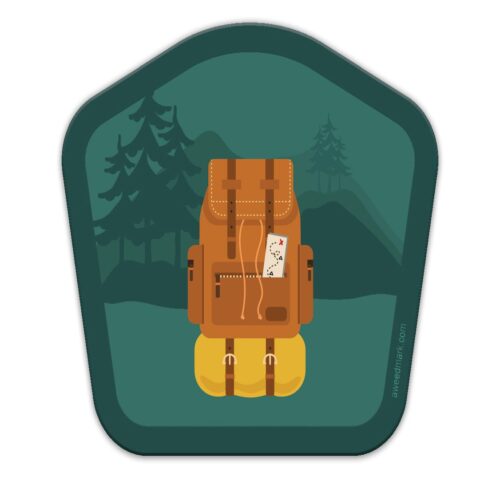 Illustration of a hiking backpack against a forested badge background.