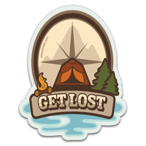 A camping-themed sticker with a compass, tent, and 'Get Lost' text.