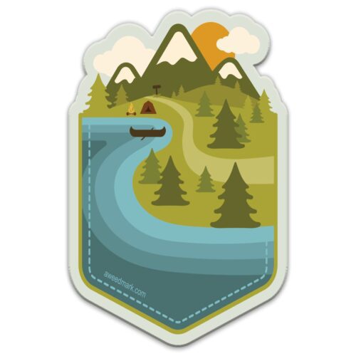 Illustration of a river flowing through a forested valley with mountains in the background.