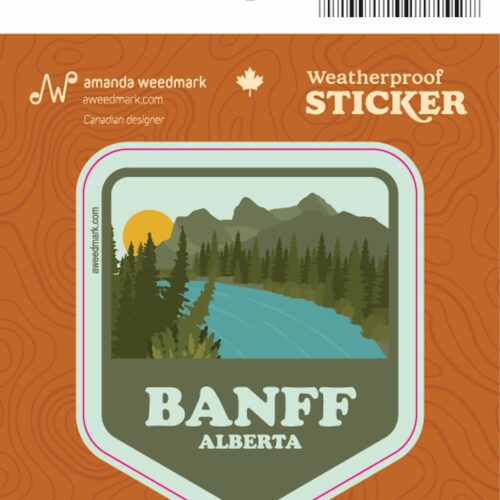 Weatherproof Banff Alberta sticker with nature scene and wildlife.