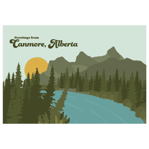 Scenic illustration of Canmore, Alberta with river and mountains.