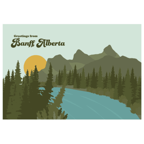 Scenic illustration of Banff, Alberta with mountains, river, and trees.