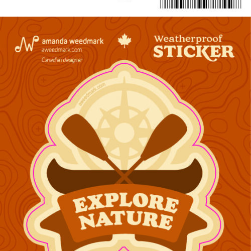 Nature-themed weatherproof sticker with compass design and 'Explore Nature' text.