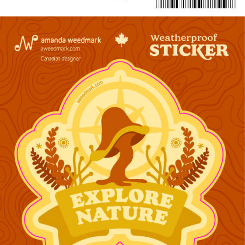Vintage-style sticker promoting nature exploration with earthy tones and botanical elements.