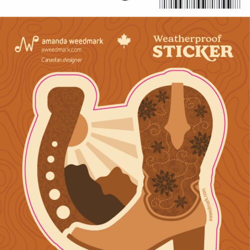 Western-themed sticker with a cowboy boot and horseshoe design.