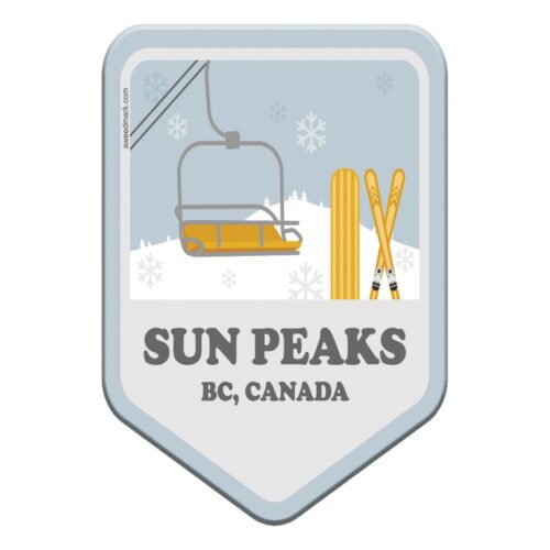 Logo of Sun Peaks, BC, Canada ski resort with ski lift graphic.