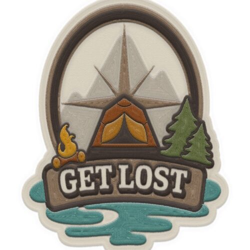A camping-themed sticker with a tent and the phrase 'GET LOST'.