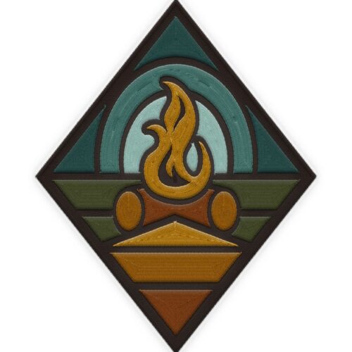 Stylized campfire emblem in a diamond shape.