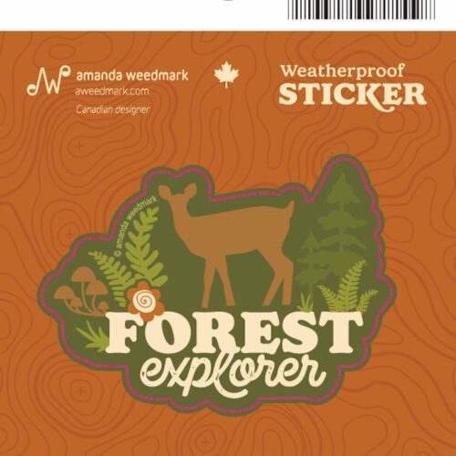 Weatherproof sticker with a dinosaur and forest theme saying 'Forest Explorer'.