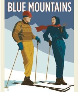 Vintage poster showing a man and woman skiing in the Blue Mountains.