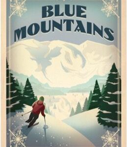 Vintage skiing poster of Blue Mountains with skier and pine trees.
