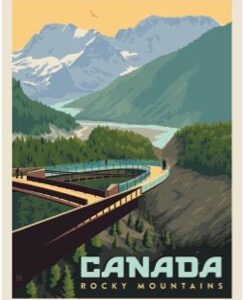 Vintage Canada travel poster featuring a train through mountains.