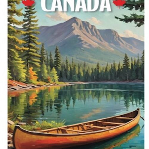 Vintage Canada travel poster with a canoe on a lake and mountains.