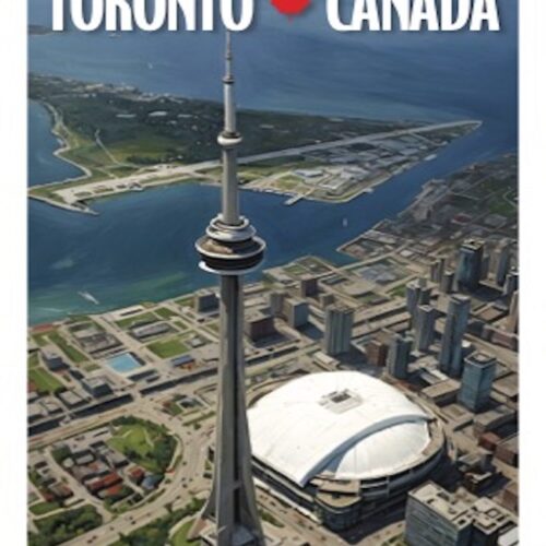 Aerial view of Toronto featuring the CN Tower and Rogers Centre.