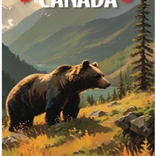 A bear walks through a scenic Canadian wilderness with mountains in the background.