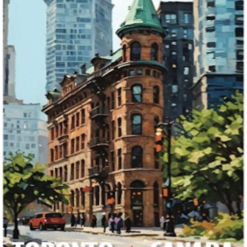 Historic Flatiron-style building in a busy urban setting with modern skyscrapers.