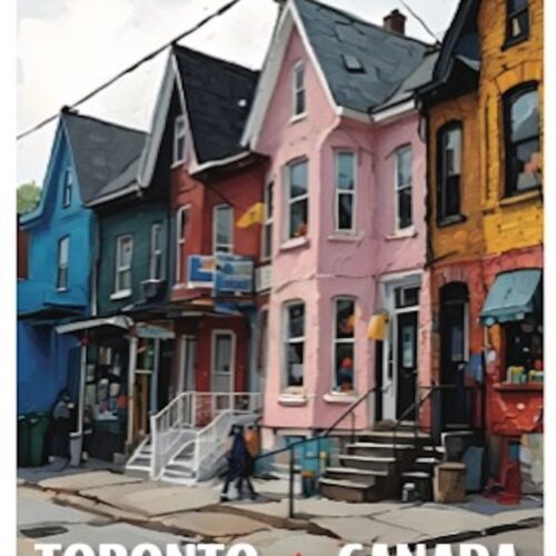 Colorful Victorian-style houses lined up in Toronto, Canada.