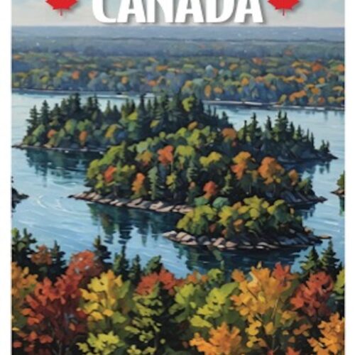Scenic Canadian islands surrounded by water and autumn foliage.