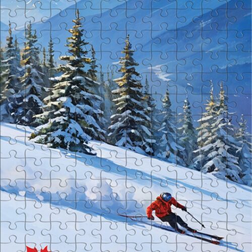 Puzzle showing a skier descending a snowy mountain with pine trees.