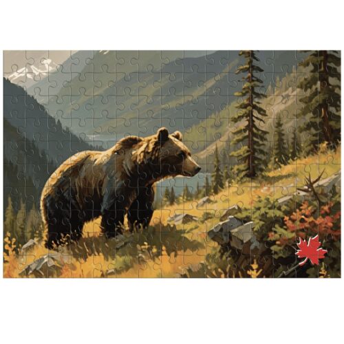 A bear standing in a sunlit forest clearing with mountains in the background.