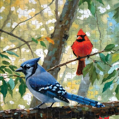 A red cardinal and a blue jay perched on a branch in a forest.