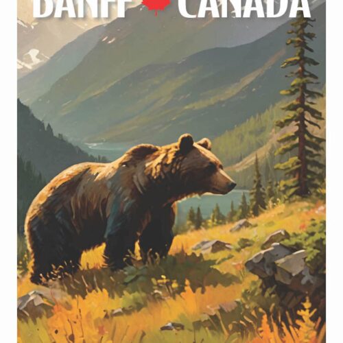 A bear stands in a Canadian wilderness landscape with mountains and trees.