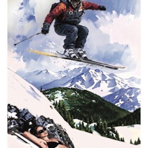 Snowboarder leaps off a snowy mountain with snowy peaks in the background.