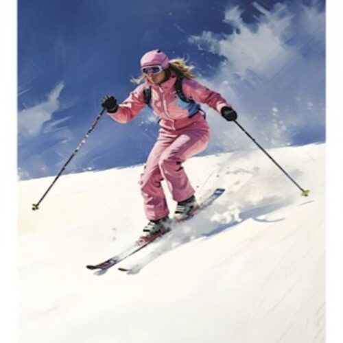 Person skiing downhill in pink outfit on snowy slope.