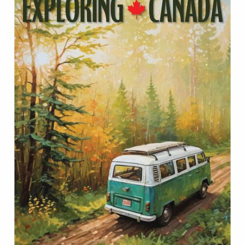 A vintage van parked in a lush forest with the text 'Exploring Canada'.
