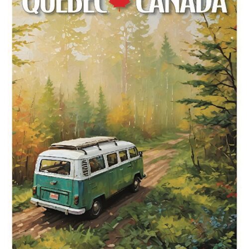Vintage green van parked on a forest trail in Quebec, Canada.
