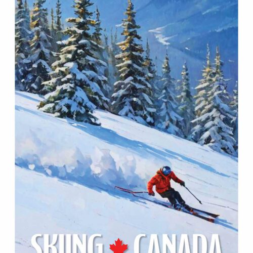 Skier in red jacket skiing downhill on snowy Canadian mountain.