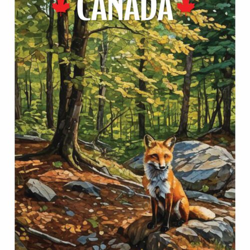 A fox sitting in a forest with autumn leaves, a Canada-themed artwork.
